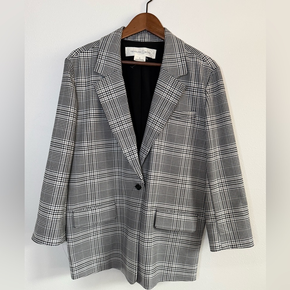 Treasure & Bond Black White Plaid Oversized Boyfriend Blazer Medium